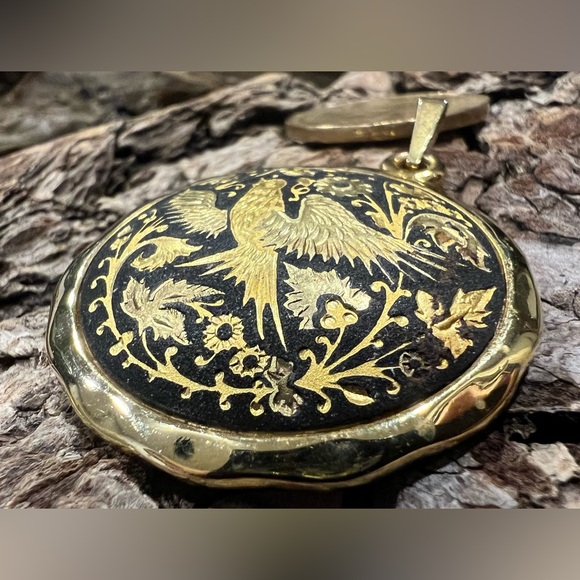 Toledo Spain Damascene Pendant Bird Flora Scene Gold SilverTone Black Inlay 2” - Picture 4 of 5